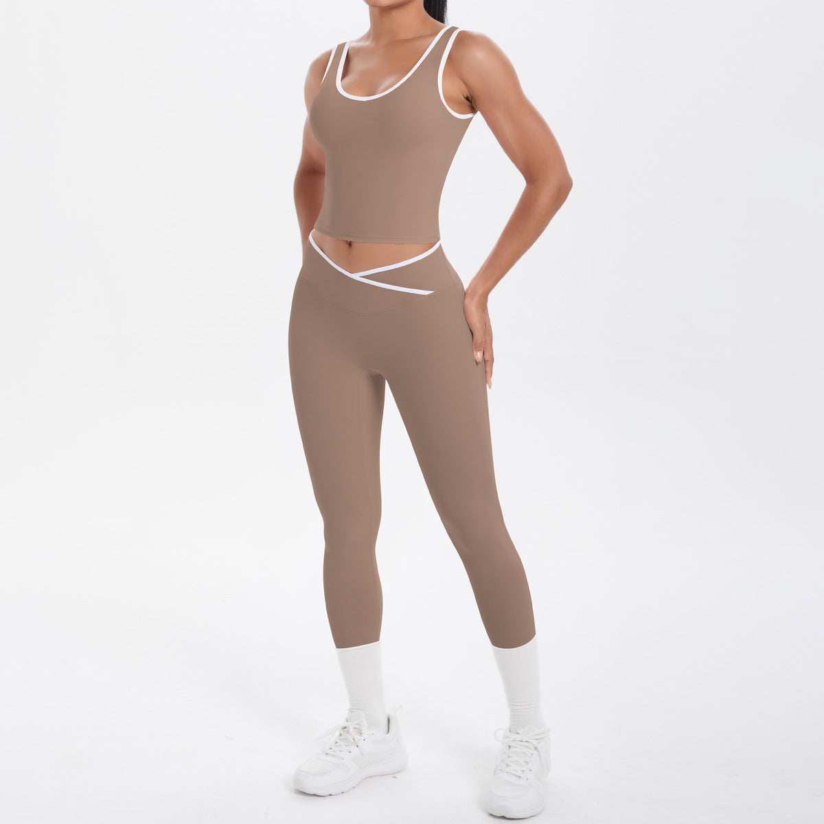 womens tan beige legging outfit for yoga gym pilates