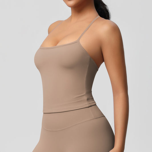 Tan yoga top with built in padding